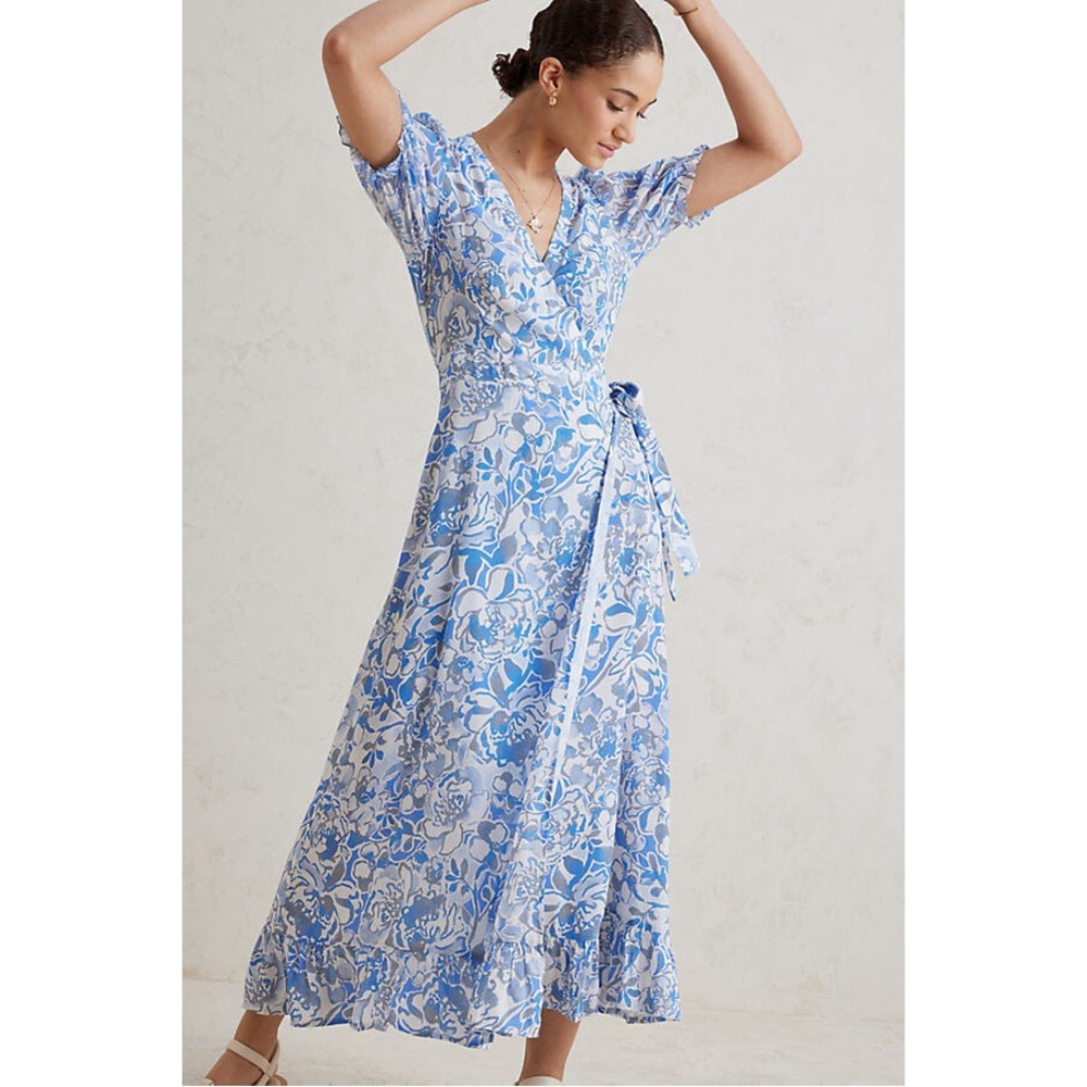 NWT Anthropologie x Kachel Myla Blue White Floral Wrap Midi Dress Sz 10